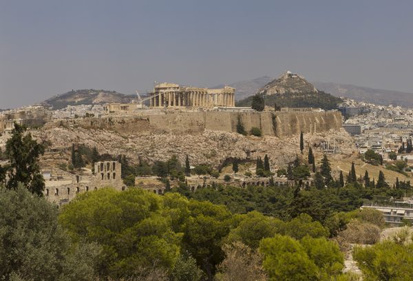 Athens cityscape from Philopappos Hill with the Acropolis and Parthenon in bright daylight