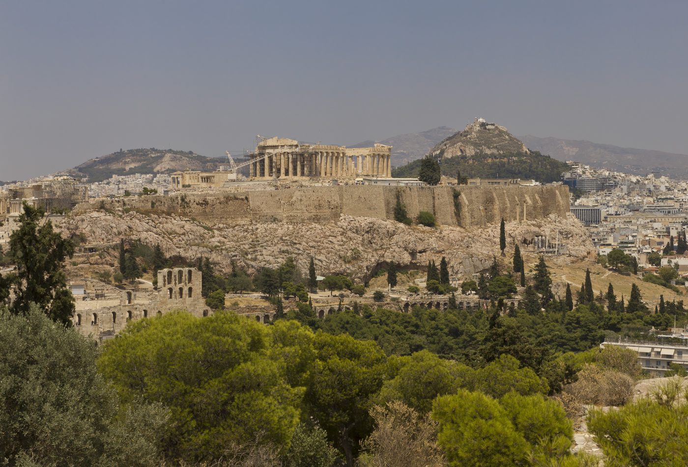 Athens cityscape from Philopappos Hill with the Acropolis and Parthenon in bright daylight