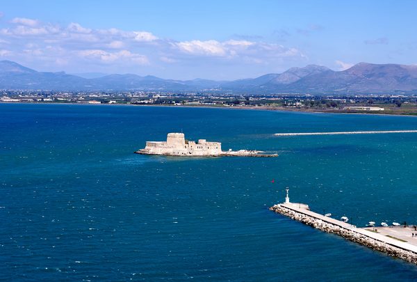 The Castle of Bourtzi on its small island in Nafplio harbour, seen from the Castle of Akronafplia