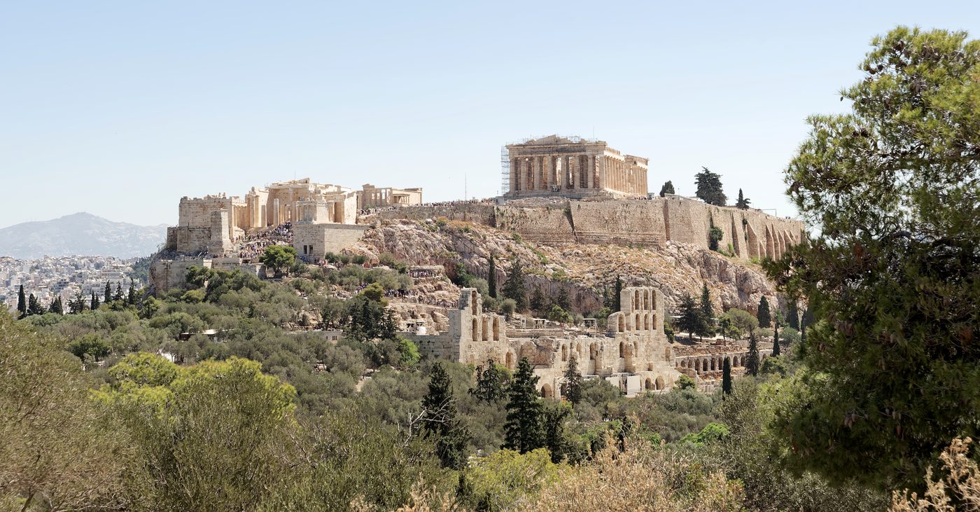Panoramic view of the Acropolis and Athens from Philopappos Hill on a bright clear day