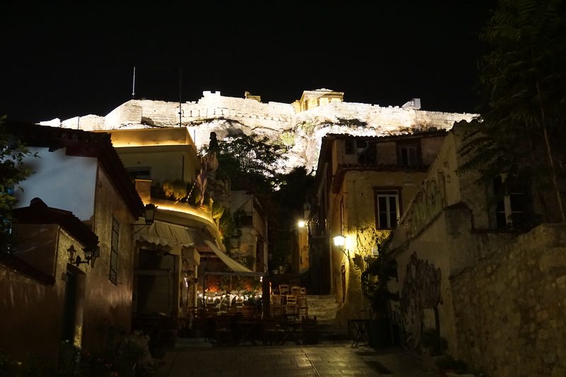 White-washed houses of the Anafiotika neighborhood nestled on the slopes below the Acropolis in Athens