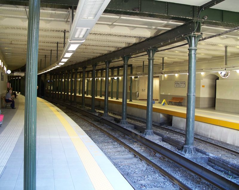 Underground platform at Monastiraki metro station in Athens showing the interchange between lines