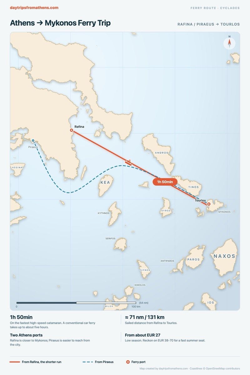 Map of the Cyclades showing the ferry routes from Rafina and from Piraeus east to Tourlos on Mykonos.