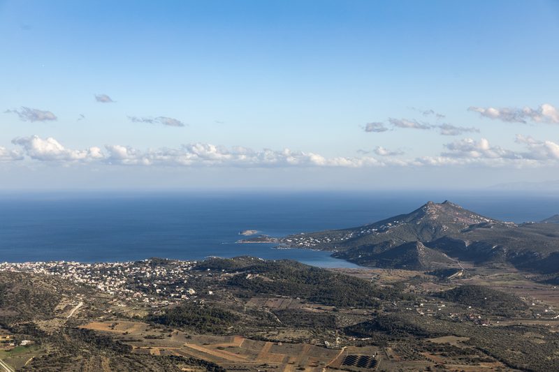 Aerial view of the agricultural Mesogaia countryside in East Attica near Athens with fields and scattered settlements
