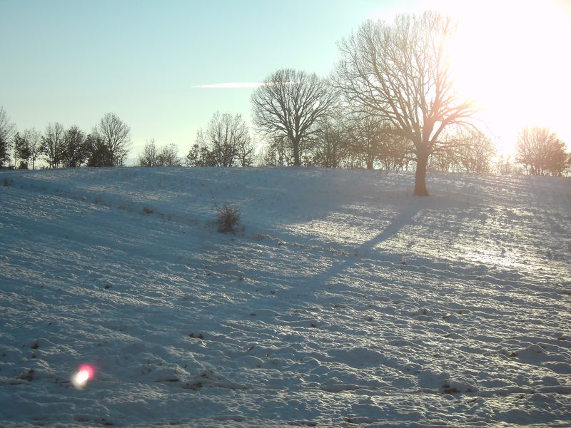 Snow-covered winter landscape in the Meteora region of Greece with white-dusted trees and hills