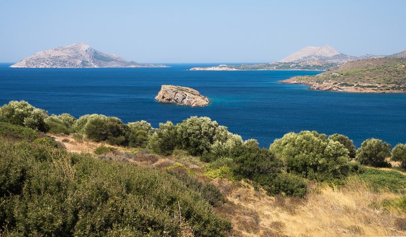 Aegean Sea coastline and islands viewed from the cliffs at Cape Sounion Greece