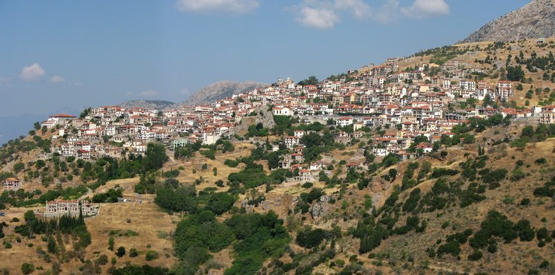Panoramic view of Arachova village built on the slopes of Mount Parnassus near Delphi Greece