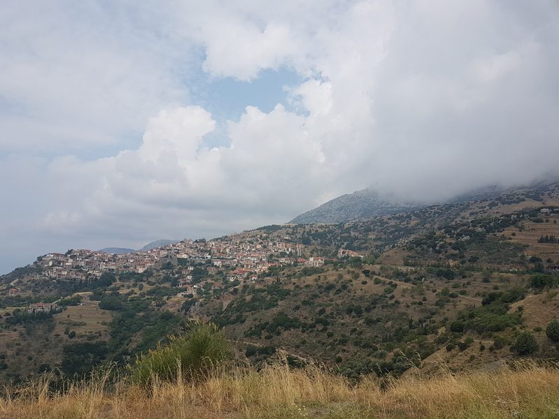 The stone village of Arachova climbing the mountainside below Mount Parnassus