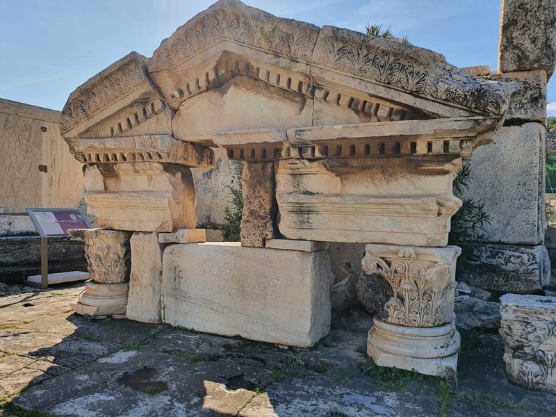 Carved marble cornice and capitals from the Sanctuary of Eleusis, reassembled to show the original decorative stonework