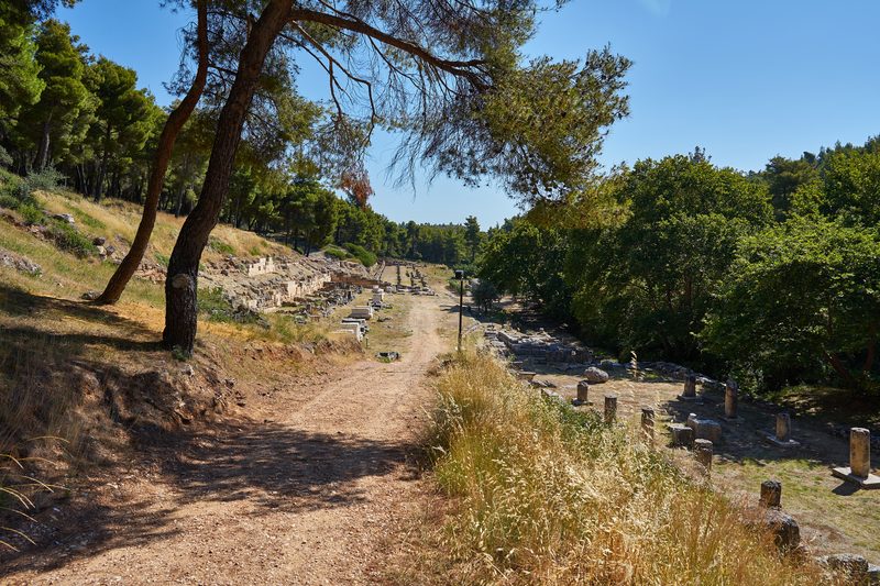 The ancient sanctuary of Amphiareion at Oropos, showing temple foundations and a long stoa among trees in a green valley