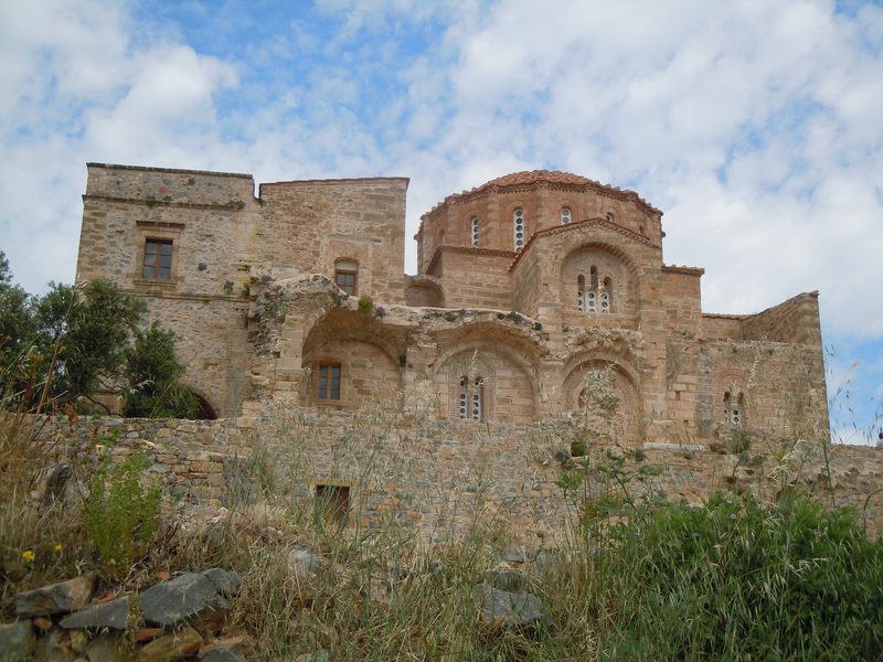 The Byzantine church of Agia Sofia perched on the edge of a cliff high above the sea on Monemvasia's Upper Town