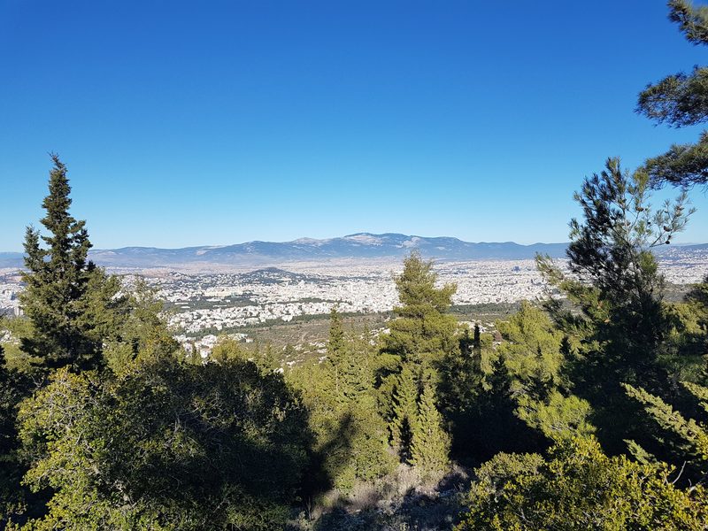 The distant silhouette of Mount Parnitha seen from a pine-framed viewpoint on Mount Hymettus