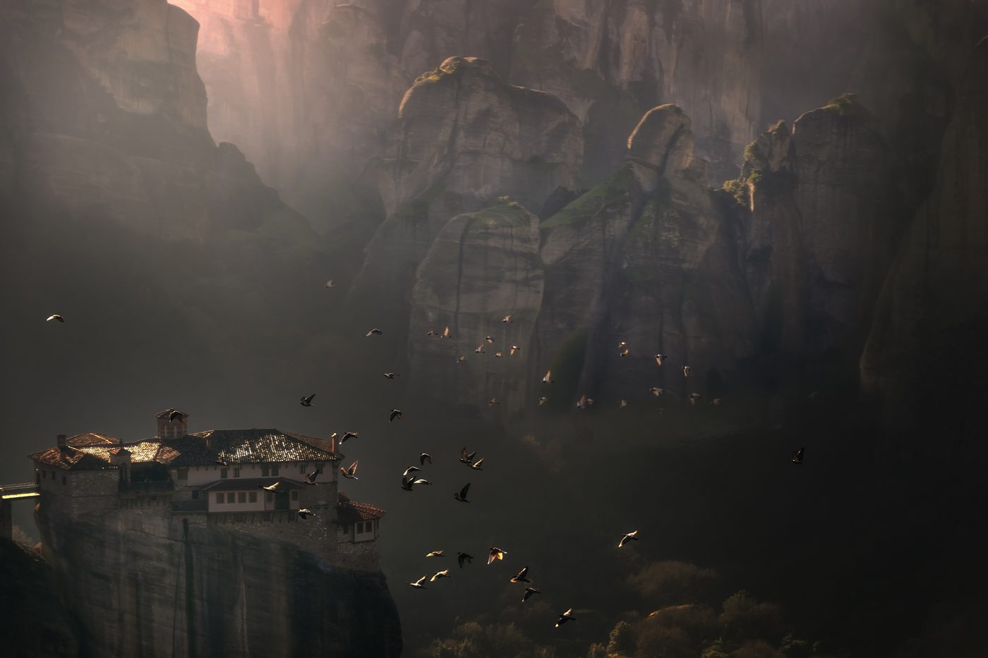 Rousanou monastery perched on a sandstone pillar at Meteora, Greece