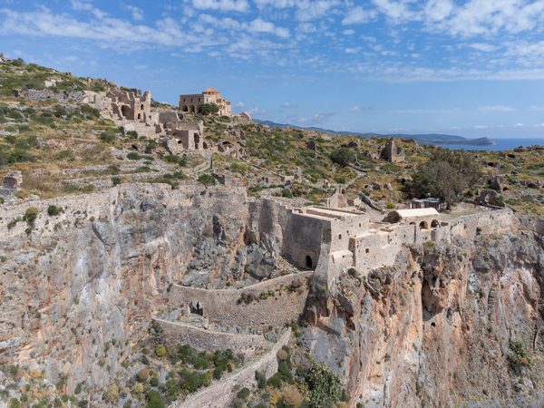 Aerial view of the medieval fortress town of Monemvasia on its sea rock, Peloponnese