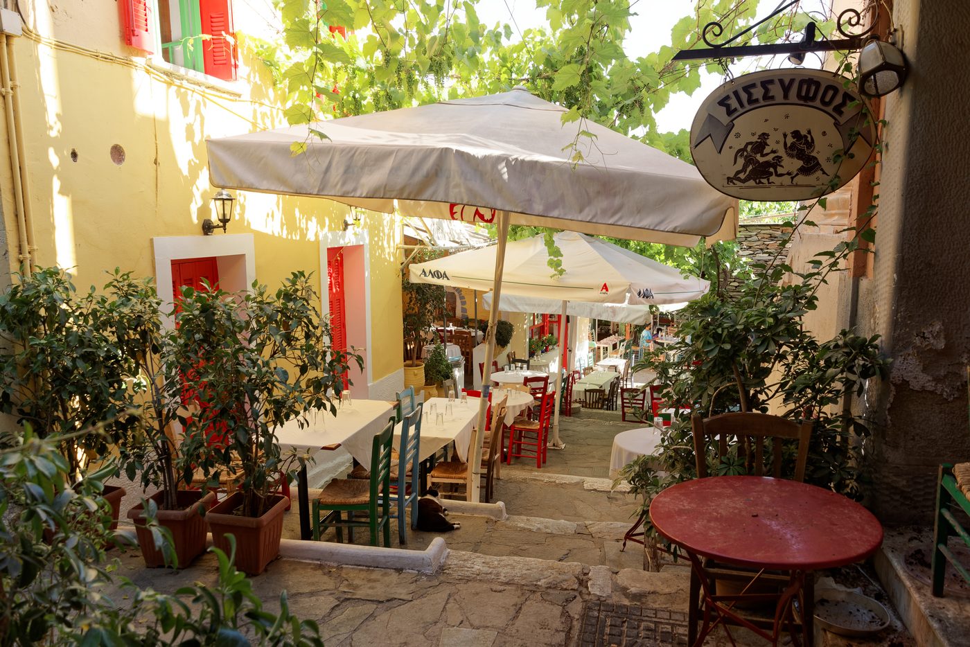 Charming stepped pedestrian street lined with cafe tables and bougainvillea in the Plaka neighborhood of Athens